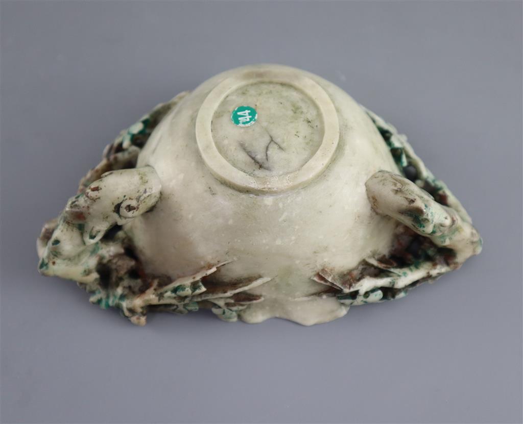 A Chinese polychrome soapstone libation cup or brush washer, probably Kangxi period, 15cm wide